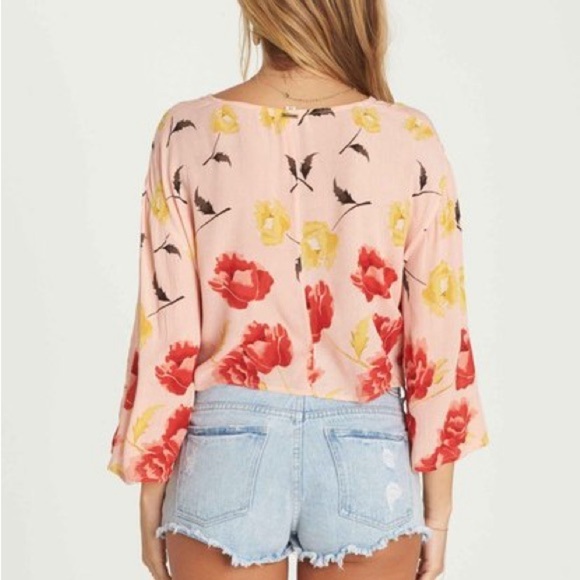 🌻BILLABONG Desert Sunrise Peach Floral Print Button-Up Tie-Front Top Size Small - Picture 9 of 11